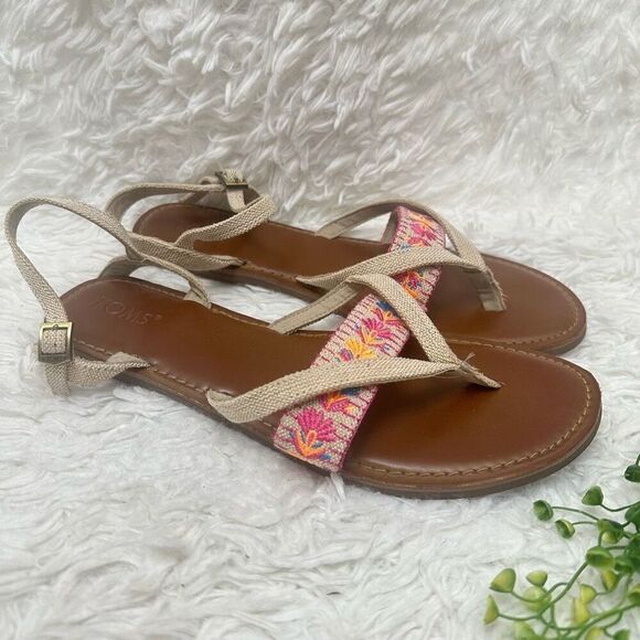 Toms Lexie Burlap Multicolored Embroidered Aztec Pattern Flat Sandals sz 11 - Picture 4 of 8